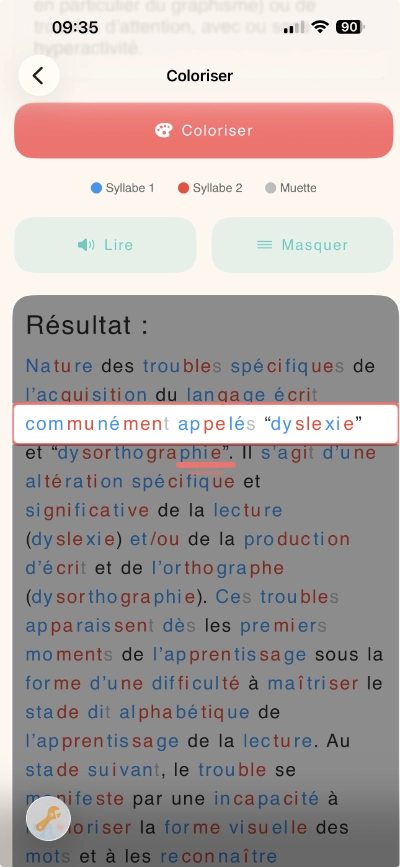 Capture d'écran de la règle de lecture dans l'application